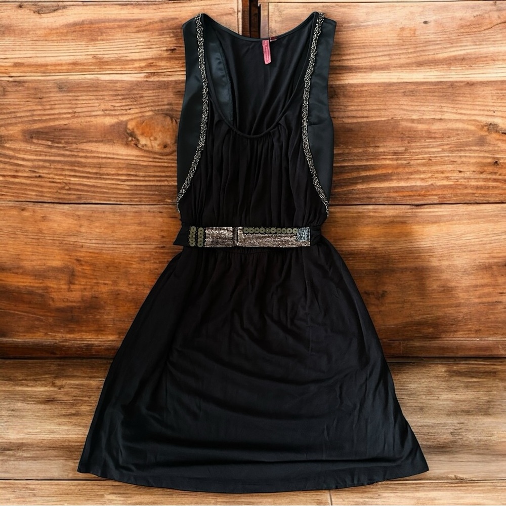 Anthropologie One September Black Beaded Trim Fit & Flare Knit Mini Dress Medium